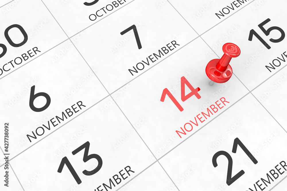 Poster 3d rendering of important days concept. november 14th. day 14 of month. red date written and pinned 