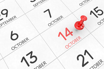 3d rendering of important days concept. October 14th. Day 14 of month. Red date written and pinned on a calendar. Autumn month, day of the year. Remind you an important event or possibility.