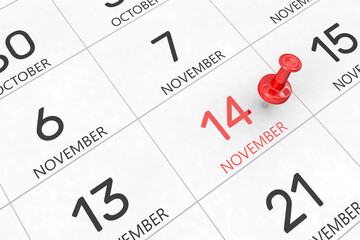 3d rendering of important days concept. November 14th. Day 14 of month. Red date written and pinned on a calendar. Autumn month, day of the year. Remind you an important event or possibility.