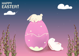 Happy Easter. Easter Rabbit Bunny with eggs, grass, flowers in field. Cute cartoon rabbit character with Paschal egg. Design template for Banner, flyer, invitation, greeting card, poster.
