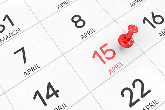3d rendering of important days concept. April 15th. Day 15 of month. Red date written and pinned on a calendar. Spring month, day of the year. Remind you an important event or possibility.