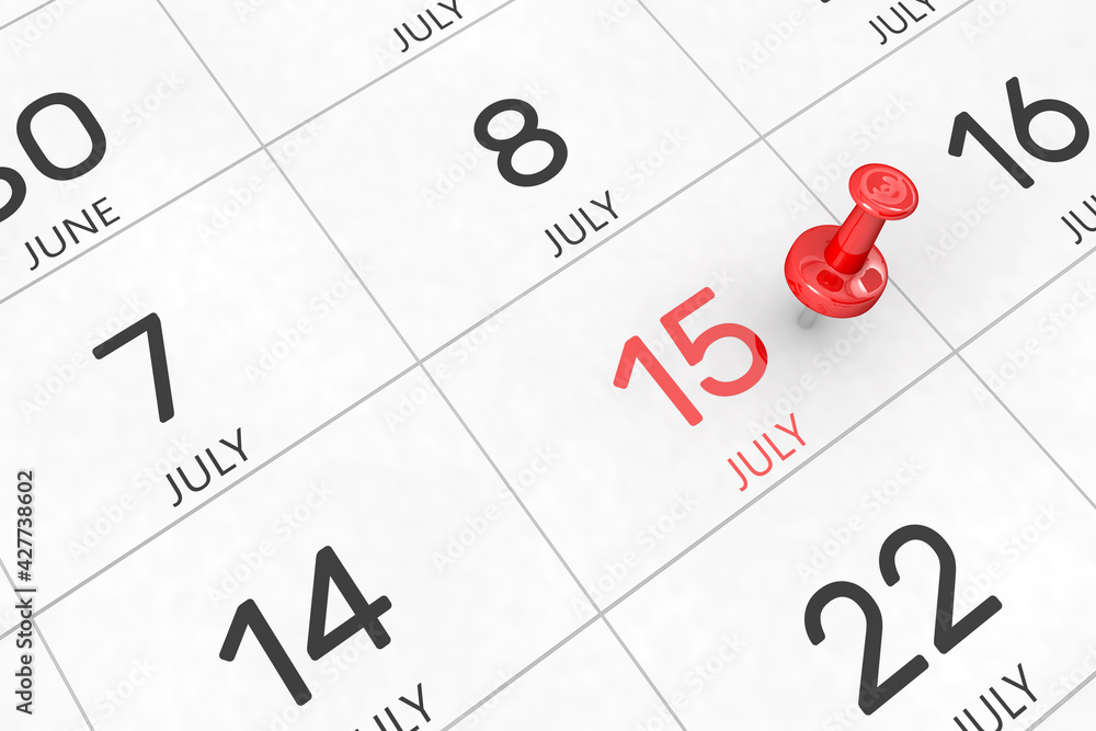 Poster 3d rendering of important days concept. july 15th. day 15 of month. red date written and pinned on a