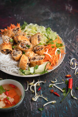 Vietnamese spring rolls with rice noodle, Bun nem