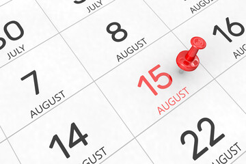 3d rendering of important days concept. August 14th. Day 14 of month. Red date written and pinned on a calendar. Summer month, day of the year. Remind you an important event or possibility.
