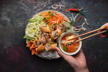 Vietnamese spring rolls with rice noodle, Bun nem