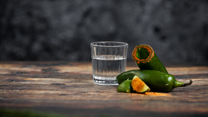 Bebida mexicana de agave mezcal tipo tequila hecha en oaxaca servida en veladora oaxaqueña sobre...
