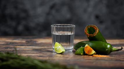 Bebida mexicana de agave mezcal tipo tequila hecha en oaxaca servida en veladora oaxaqueña sobre...