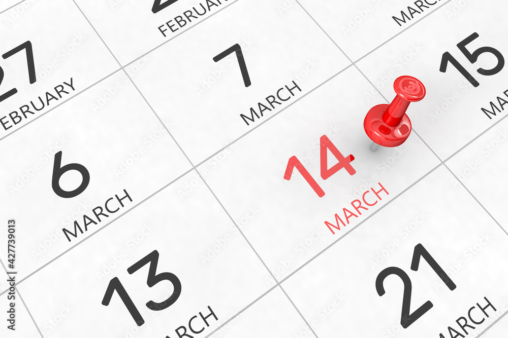 Poster 3d rendering of important days concept. march 14th. day 14 of month. red date written and pinned on 