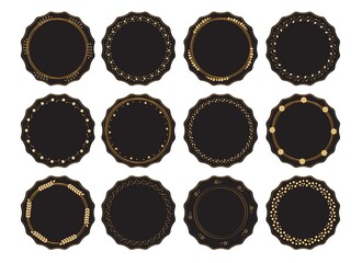Collection of round decorative borders in black with gold ornaments. Vintage templates. Elements for wedding, holiday and greeting cards. Vector illustration.
