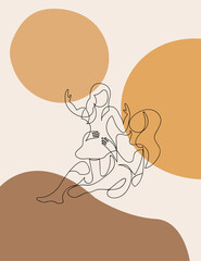 Happy Mother day card. Continuous one line drawing. Woman hold her baby. Pregnant Woman. minimalism illustration pallete