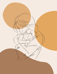 Happy Mother day card. Continuous one line drawing. Woman hold her baby. Pregnant Woman. minimalism illustration pallete