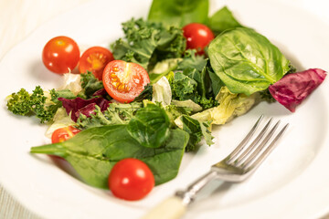 A plate of fresh green salad, cherry tomatoes, cucumber, balsamic vinegar and olive oil.