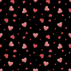 Seamless pattern with red hearts on black background for fabric, paper, scrapbooking, wrapping. Love, valentines day.