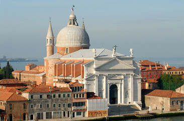AERIAL- Venice, Italy- Panorama of Domed Cathedral and Cityscape