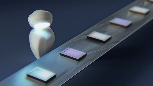 Ai Robot analyzes the database or blockchain concept. The conveyor belt keeps rolling different tablets with slight color differences. Premium 3D Render.