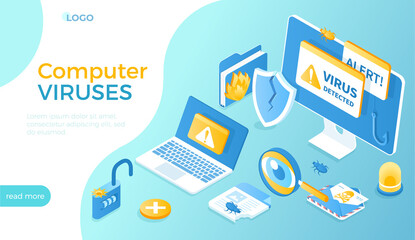 Computer Viruses. Monitor and laptop with alert messages. Errors detected, bugs, open lock, infected files, broken shield.  Isometric vector illustration for website.