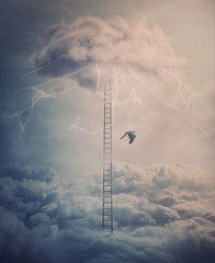 Silhouette of a fallen angel crashing down from heaven alongside a huge ladder above the clouds....