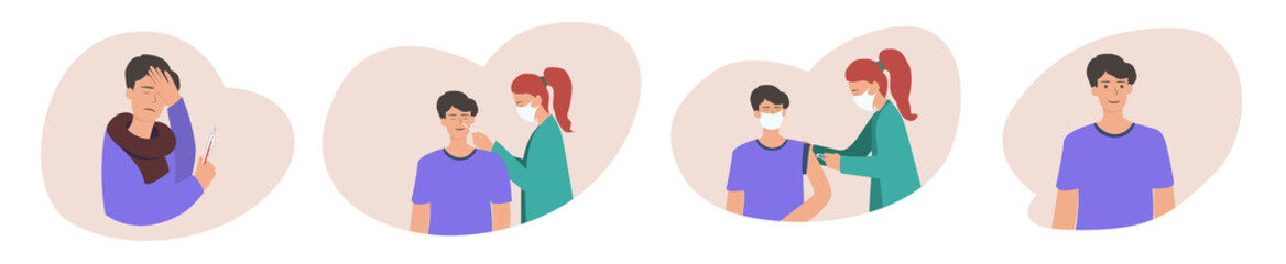 Flu symptoms and prevention against the virus and infection. Stage the disease and cure the virus. The concept of vaccination of people for the health of immunity. Covid-19. Modern Flat illustration