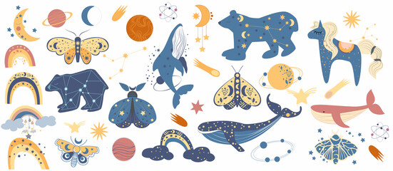 Moderne vector handgetekende boho sky-collectie met schattige planeet, maan, wolk, regenboog, ster, walvis, eenhoorn, vlinder, beer voor kinderkamerdecoratie of posters, kaarten, nodigt uit. Platte vectorillustratie