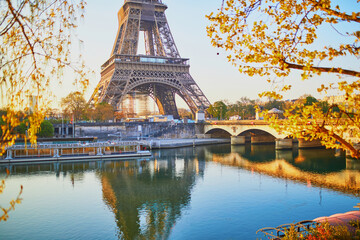 Scenic view of the Eiffel tower and tree branches with first leaves at early morning