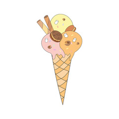 Ice cream cone with choco chip cookies, wafer rolls and marshmallow. Vector illustration in doodle style with colored balls for textile, prints, stickers, posters, postcards, menu design, cafe
