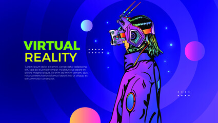Woman wearing virtual or augmented reality glasses. Abstract vr world with neon Shape lines For Landing Banner Page Or Poster Web