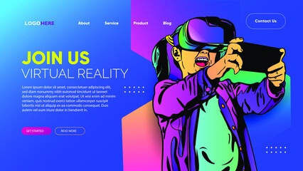 KIDS wearing virtual or augmented reality glasses. vr world with neon Shape lines Landing Banner