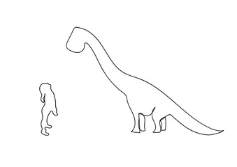 Little girl looking at dinosaur. Single continuous line drawing. Trendy one line draw design graphic vector illustration