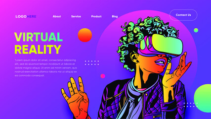 Girl wearing virtual or augmented reality glasses. vr world with neon Shape  Landing Banner