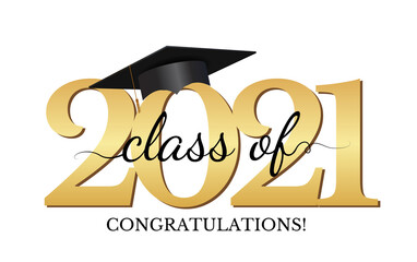 Graduation condratulations class of 2021 with graduation cap hat. Vector Illustration