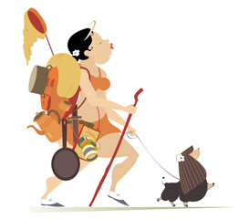 Plump young woman hiking with a dog illustration. Cartoon sexy fat young woman with rucksack and outfit hikes with a dog and looks healthy and happy isolated on white illustration 