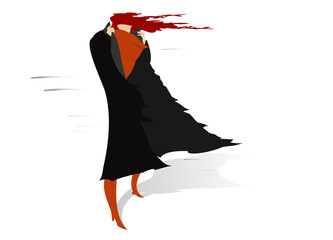 Windy day. Woman with come uncurled hair stays on the wind and lifts a collar of her coat isolated on white illustration
