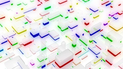 3d render. abstract light background with network of different sizes white bloks, some with multicolor glow. Visualisation of working ai with big data or blockchain technology. White matte glass.
