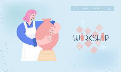 Flat illustration with girl and pot in ceramics studio, workshop. Can use for web site banner, card