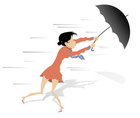 Windy day and young woman with umbrella illustration. Young woman in with an umbrella stays on the strong wind isolated on white
