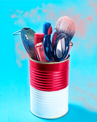 a set of decorative cosmetics in a tin can, a powder brush, lipstick, eyeshadow