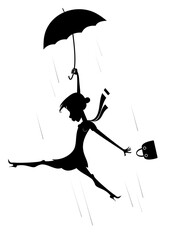 Windy day and woman with umbrella silhouette. Young woman tries to hold an umbrella and a fancy bag gone with the strong wind silhouette black on white illustration 