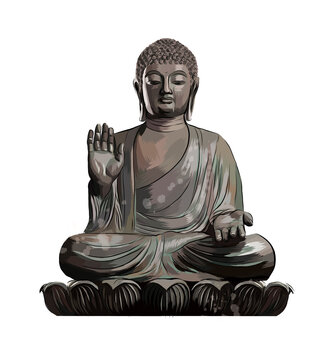 Buddha Statue from a splash of watercolor, colored drawing, realistic. Vector illustration of paints