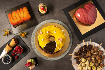 Artisan products of Italian ice cream. Ice cream, ice cream cake, parfait and ice cream cup. view from top