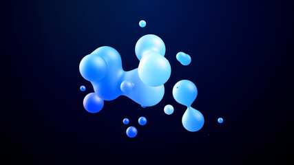 3d render. Spheres or balls merge like liquid wax drops or metaballs in-air. Liquid gradient of blue colors on beautiful drops with glow, scattering light inside.