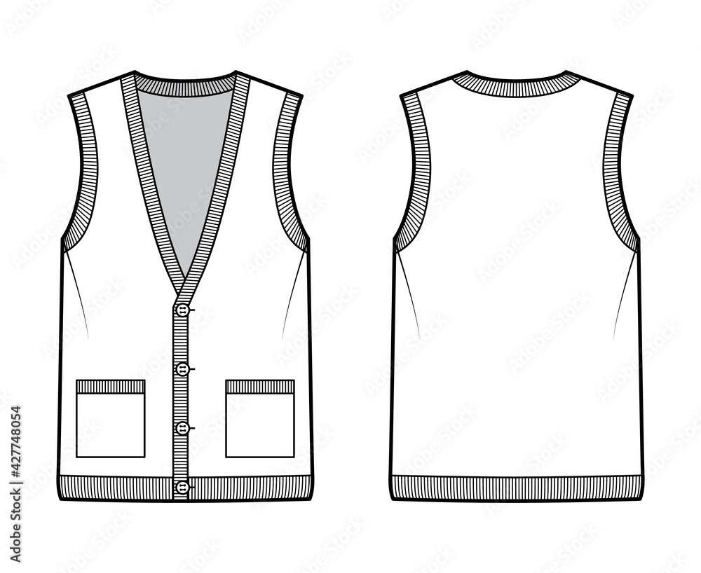 Wall mural Cardigan vest sweater waistcoat technical fashion illustration with sleeveless, rib knit V-neckline, button closure, pockets. Flat template front, back, white color style. Women, men top CAD mockup - Wall murals