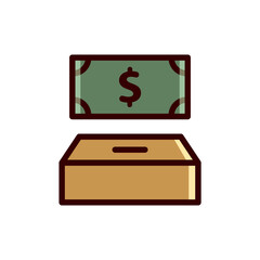 Basic RGBMoney and charity box icon, outline style. Charity and donation with money in box block. Donation charity money in box line style icon