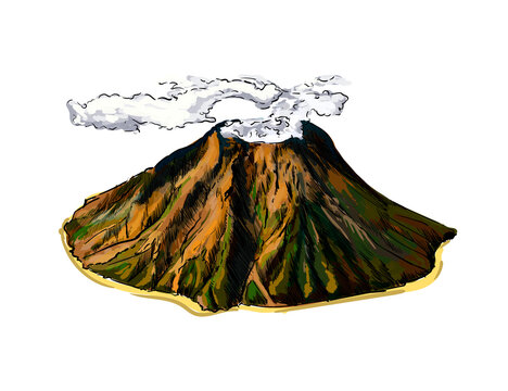 Volcano from a splash of watercolor, colored drawing, realistic. Vector illustration of paints