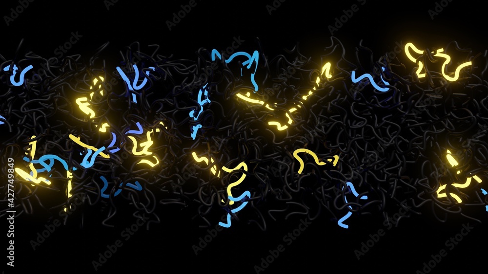 Poster 3d abstract background with neon light, multicolored flashes of light bulbs of unusual shapes. curve