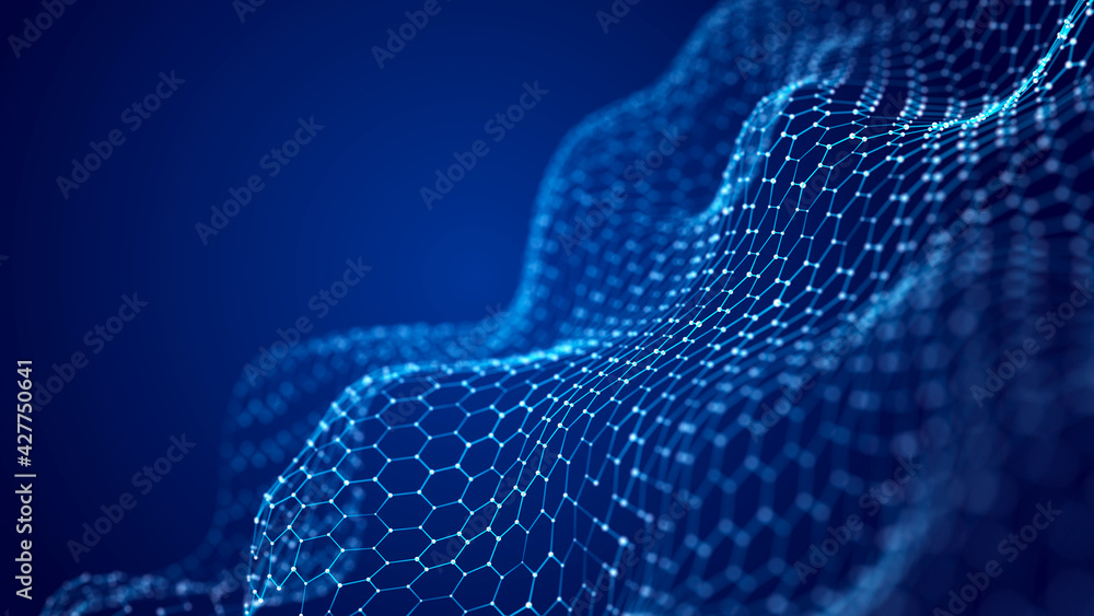Poster Futuristic wave. Technology background. 3D visualization of big data. Analytical presentation. 3D rendering.