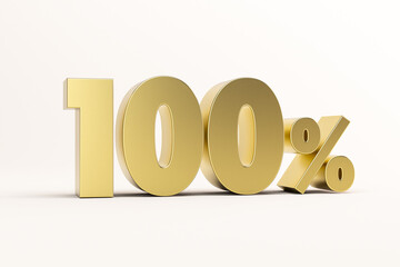 3d illustration one hundred percent golden isolated on white background. 3d rendering for advertising. 100% off on sale.