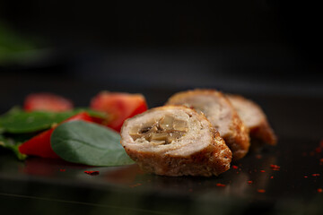 
Baked meat with mushrooms.