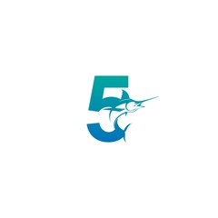 Number 5 logo icon with fish design symbol template