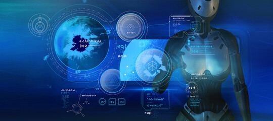 Fantastic poster with alien infographics and humanoid robot. 3D render © conceptcafe