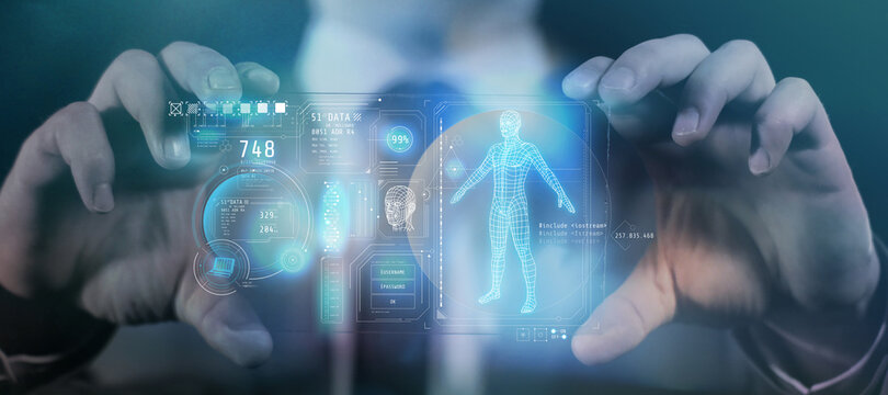 Panel of the gadget of the future with data about a person. 3D render
